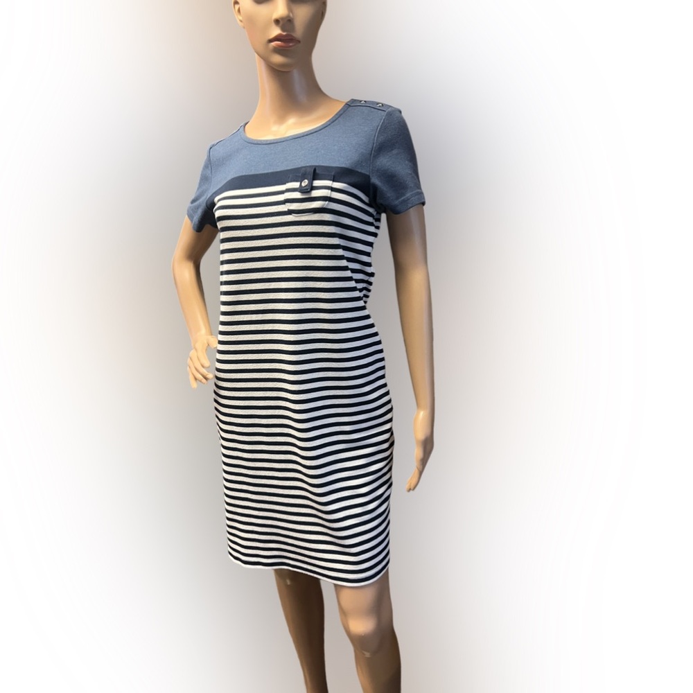 Karen Scott Dress Sport Short Sleeve Blue White Stripes Women Size S